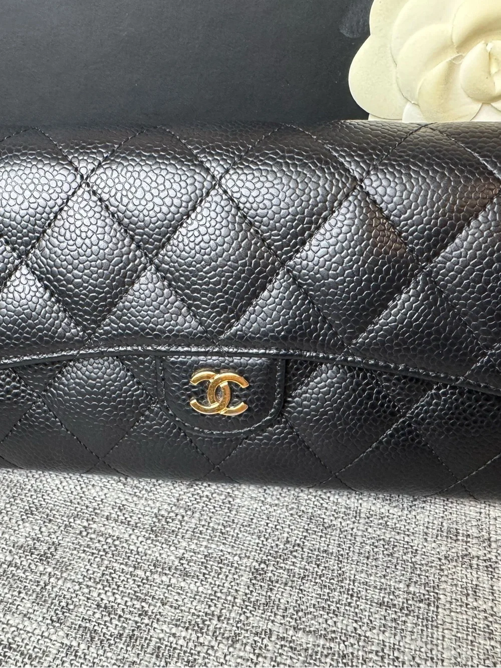 NCHANEL Black Quilted Caviar Leather Caviar Long Flap Wallet Black with Gold CC